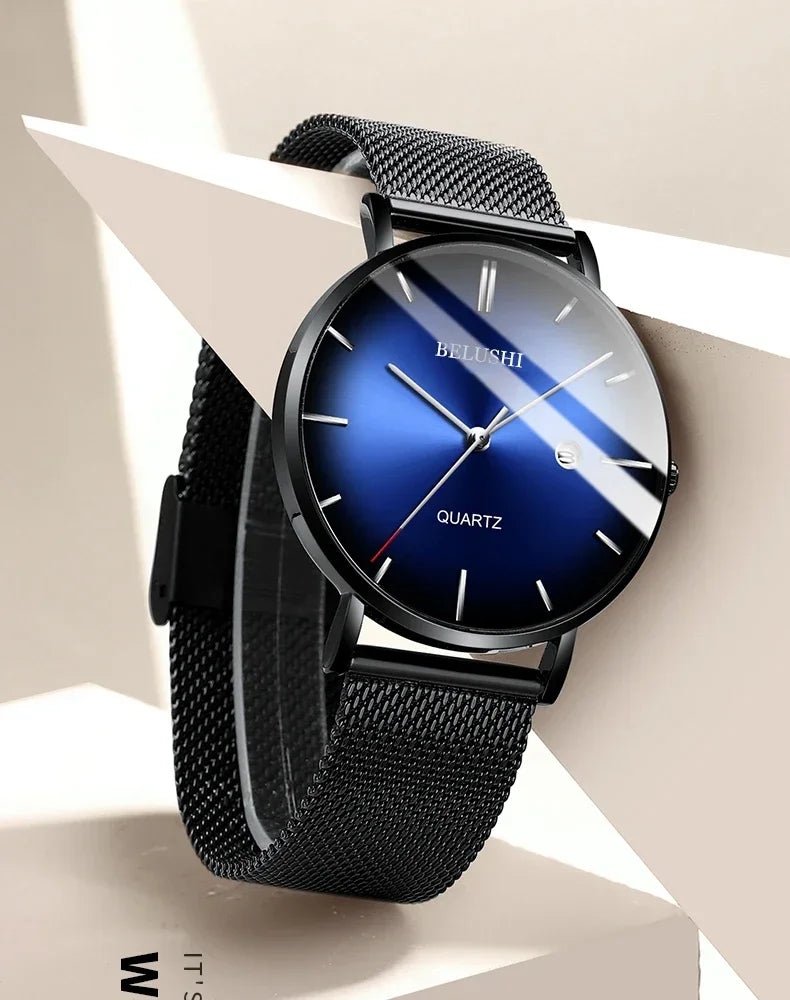 BELUSHI Fashion Mens Watches Top Brand Luxury Slim Steel Mesh Quartz Watch Men Business Waterproof Analog Wrist Watch Male Clock