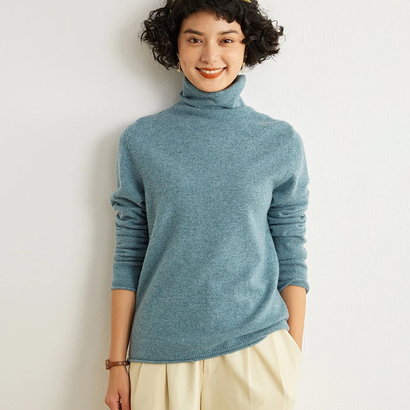Women's 100% Cashmere Sweater Casual Solid Color Knitted Pullover Loose High Neck Jumper Autumn/Winter Warm Blouse Tops
