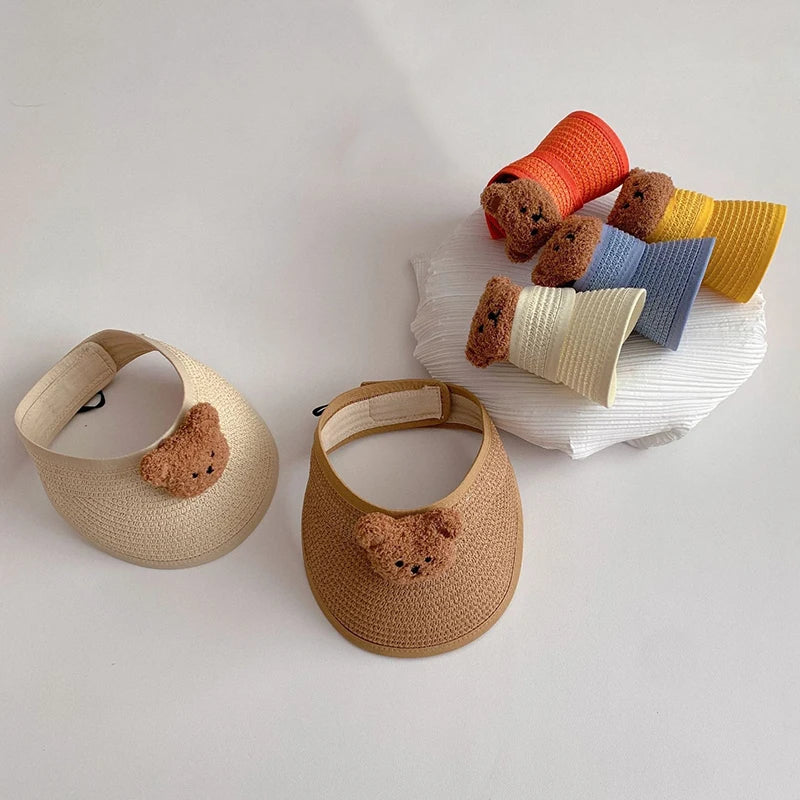 Precioso oso de dibujos animados, sombrero de paja para bebé de verano, gorras ajustables para niños y niñas, sombreros para el sol para niños, gorra transpirable para niños pequeños