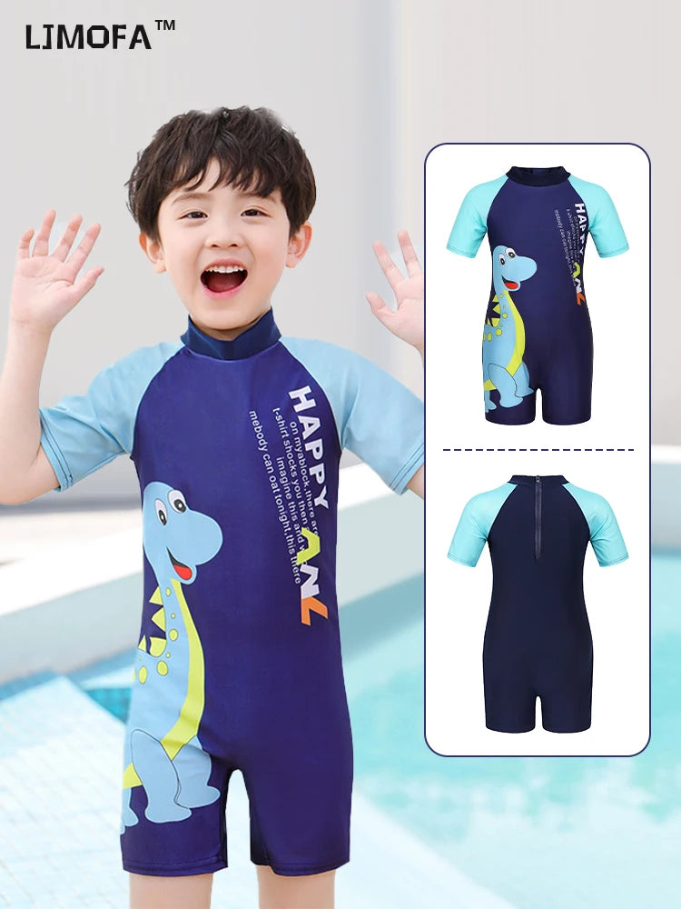 LJMOFA Baby Boy Swimwear surfing Wear Shark Short Sleeve One Piece Toddler Infant Swimsuit for Girls Beach Bathing Suit D405