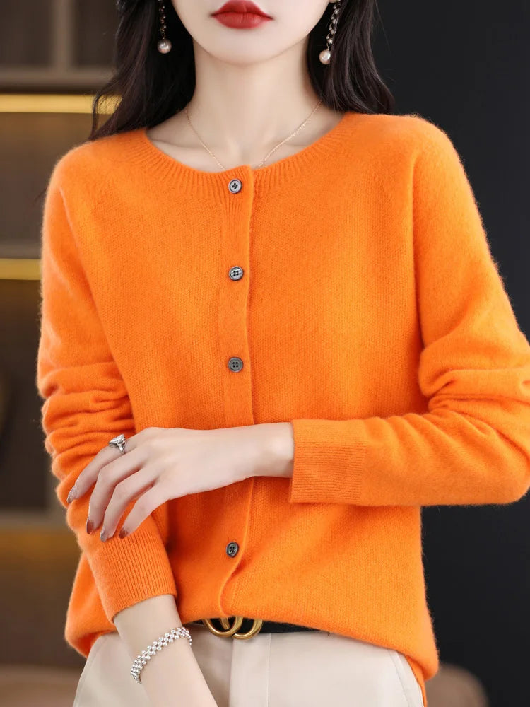 Women Cashmere Sweater 100% Merino Wool Knitted Cardigan Autumn Winter  Knitwear O-Neck Female  Solid Color Casual Fashion Top