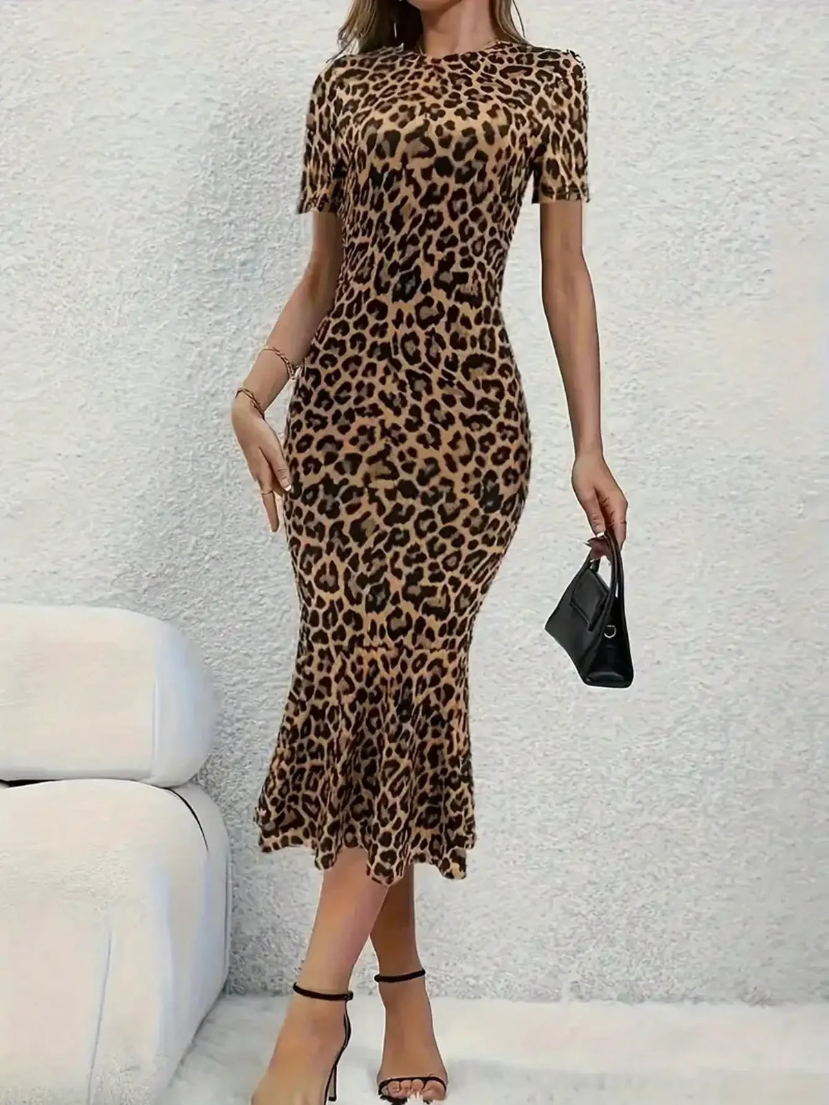 Spring Summer Fashion European Style Leopard Print round Neck Short Sleeve Fish Tail Hem Long Dress
