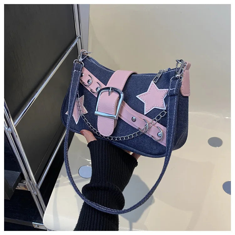 Y2k Hot Girls Denim Shoulder Bags Retro Rivet Star Women's Underarm Bag Portable Female Chain Armpit Bag Small Purse Handbags