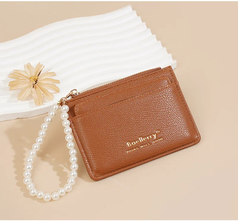 Fashionable Womens Card Case Ins Trend High Class Pearl PU Small Purse
