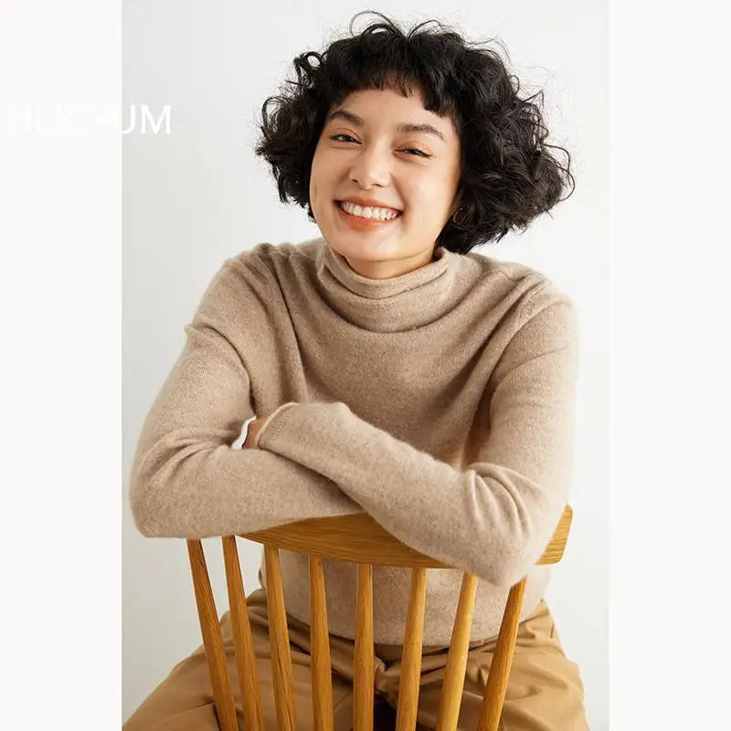 Women's 100% Cashmere Sweater Casual Solid Color Knitted Pullover Loose High Neck Jumper Autumn/Winter Warm Blouse Tops