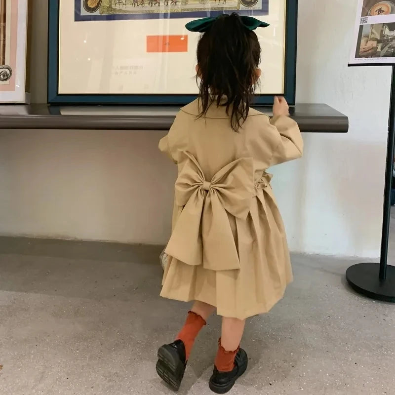 Chaquetas de vestir de color caqui para niñas, gabardina con cuello vuelto para niñas, ropa larga con lazo bonito, cortavientos para niños pequeños