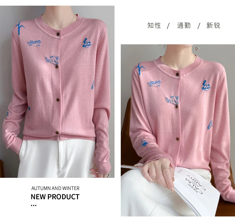 2025 New Merino Worsted Wool Women Sweater Spring Female Knitted Cardigan Long Sleeve Solid Clothing Tops Embroidery Outerwear