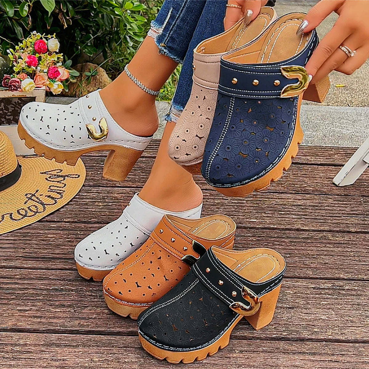 Women Slip-On Sandals 2025 Lightweight Closed Toe Shoes Women Summer Street Shoes Chunky Heel Mules with Flower Pattern Sandals
