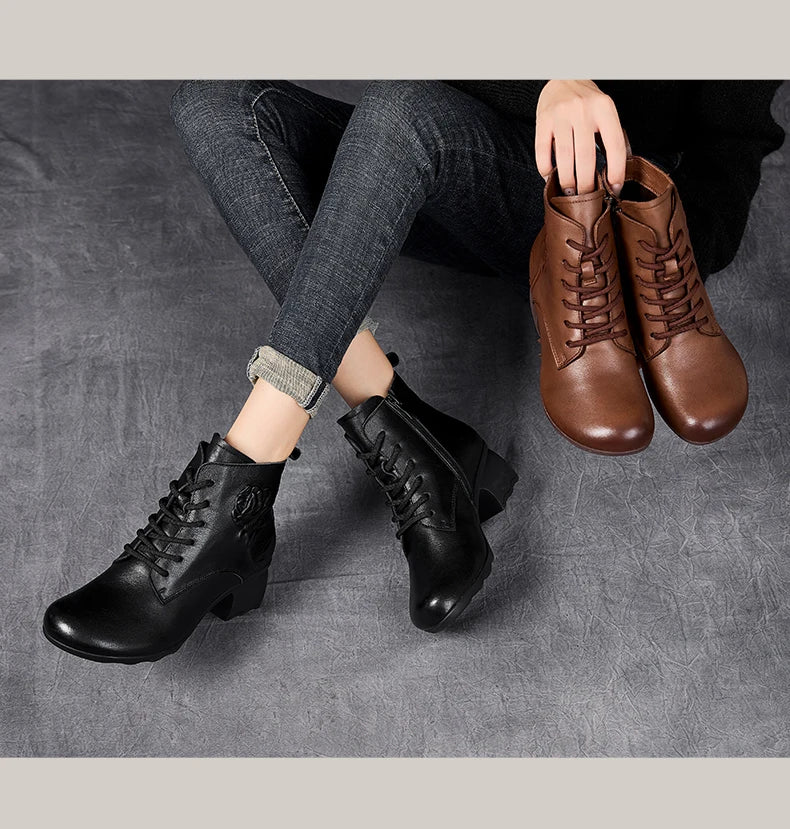 GKTINOO Spring Autumn Women Boots Genuine Leather High Heels Ankle Boots For Women Shoes Retro Handmade Zipper Short Boots