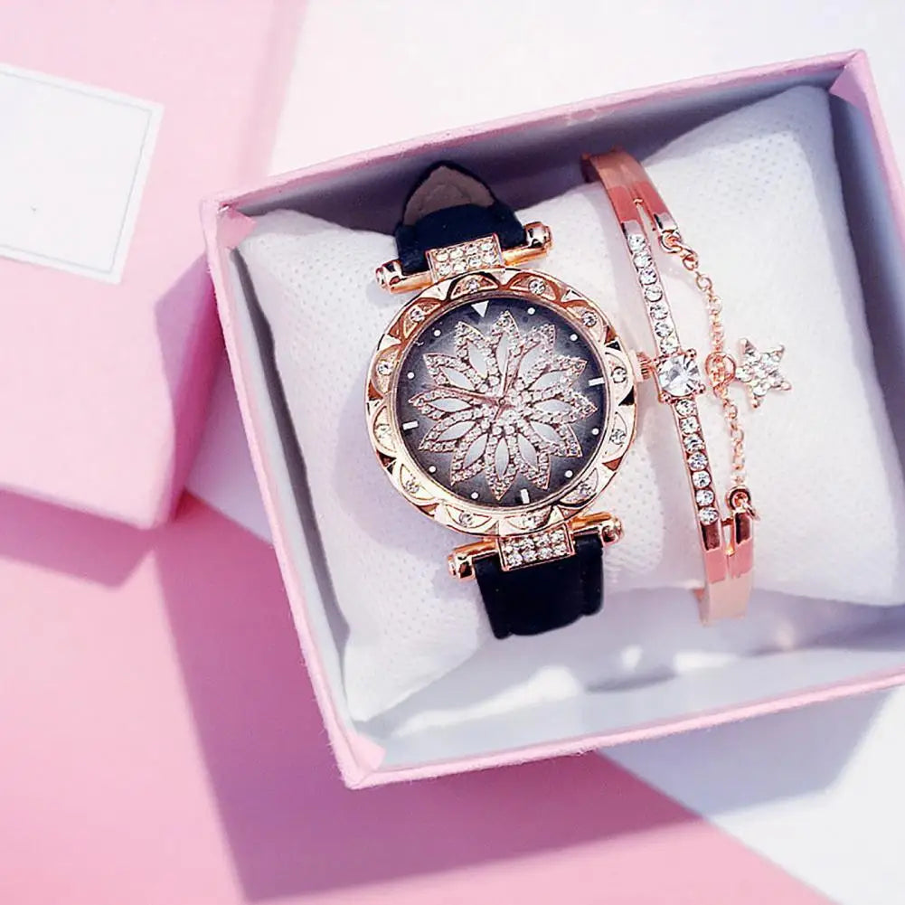 Quartz Watch Bangle Kit Rhinestone Pointer Display Adjustable Precise Time Luxury Women Starry Sky Watch Bracelet Set Wristwatch