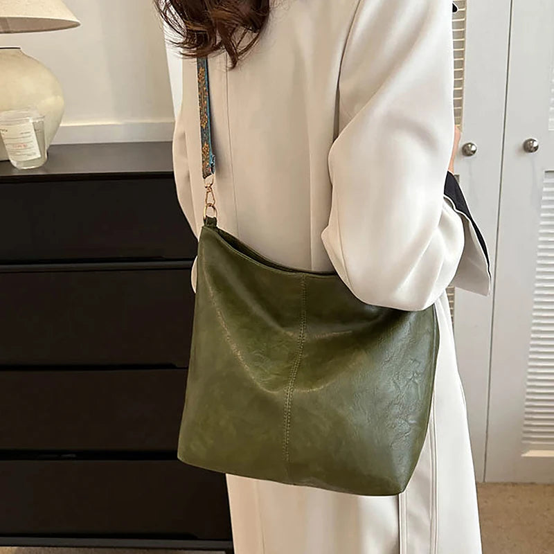 Antique Single Color Feminine Shoulder Sling Bag; Spacious, Simple, Wide Strap Bucket Crossbody Bag