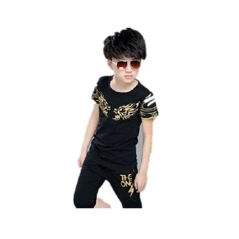 2024 New Boy Suit Summer Children's Clothing Cotton Casual T-shirt + Shorts 2 Piece Boys Set Dragon Pattern For 6 8 10 12 Years