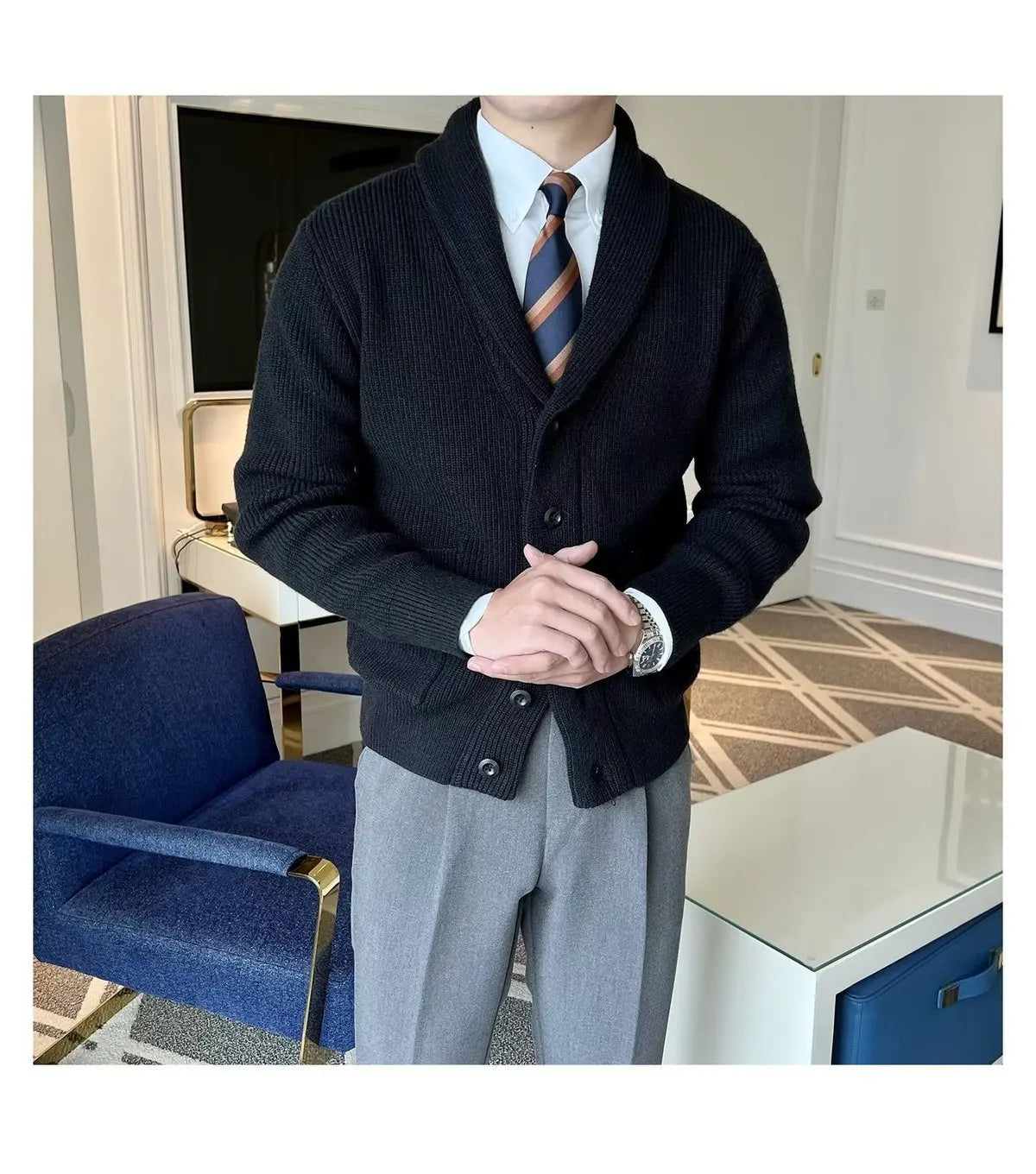 Men's Clothing Cardigan Jacket V Neck Coat Knit Sweater Male Plaid Elegant Casual Long Sleeve 100% Korean 2024 Autumn Classic