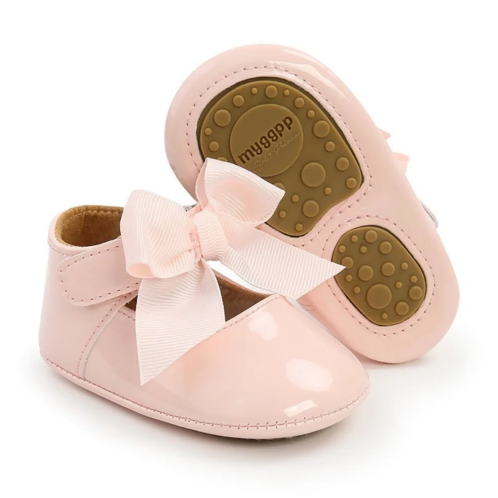 Newborn Baby Shoes Baby Boy Girl Shoes Girl Classic Bowknot Rubber Sole Anti-slip PU Dress Shoes First Walker Toddler Crib Shoes