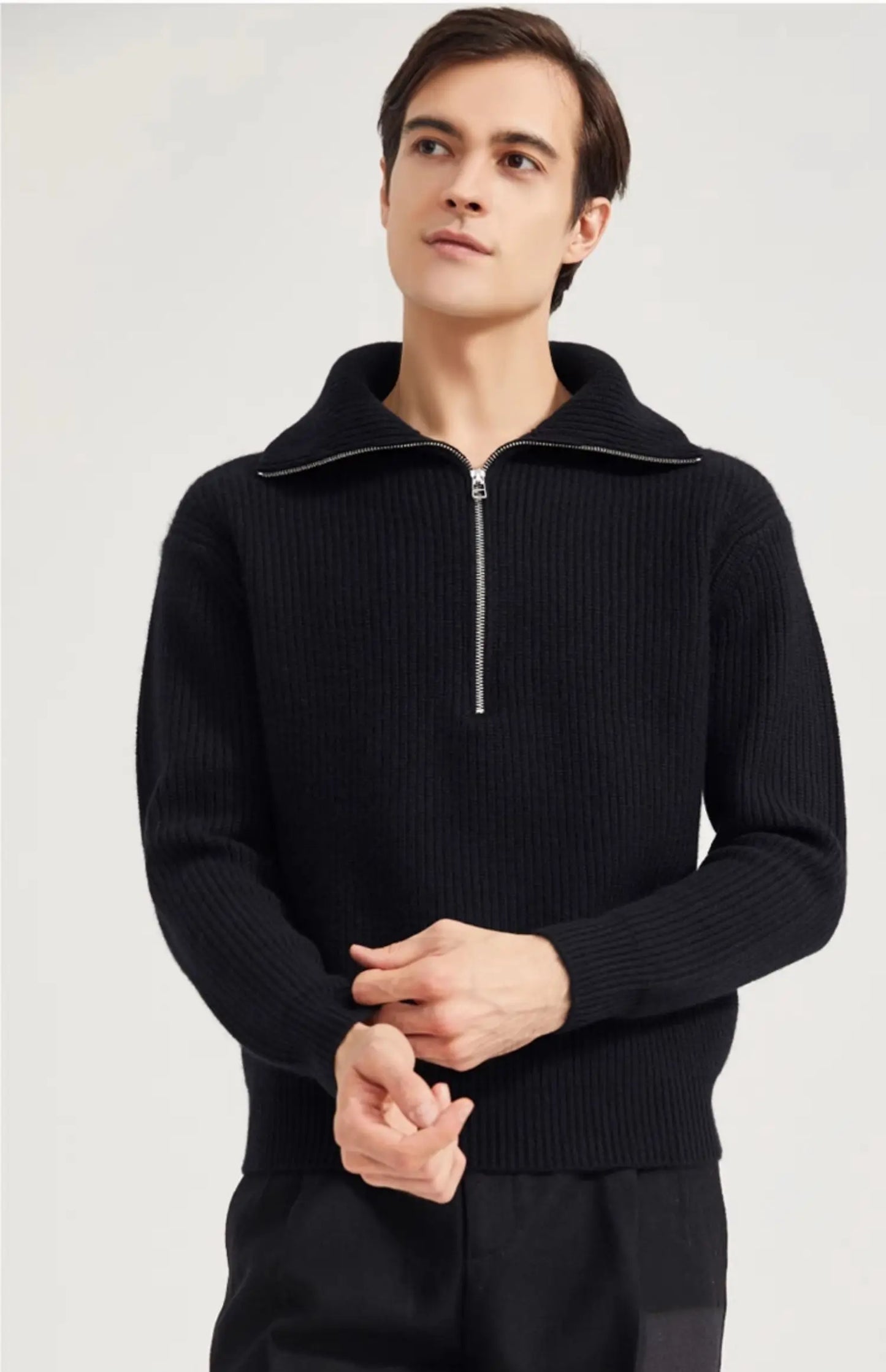 Men's Cashmere Thickened Quarter Zipper Pullover Sweater Slim Fit Lightweight Warm Long Sleeve Casual Knitwear