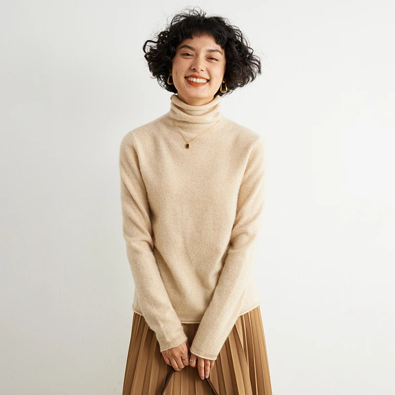 Women's 100% Cashmere Sweater Casual Solid Color Knitted Pullover Loose High Neck Jumper Autumn/Winter Warm Blouse Tops