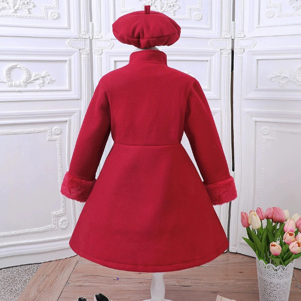 Young Girls' Red Fleece Coat Set And Beret Winter & Fall Jacket & Long Sleeves Warm Outerwear Girls Princess Outfit Clothing
