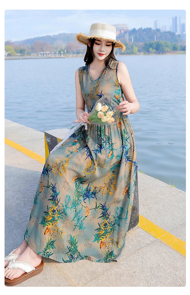 Spring Summer Dresses Fashion Female Sleeveless printed Casual Dress Women A-line Dresses Vestidos