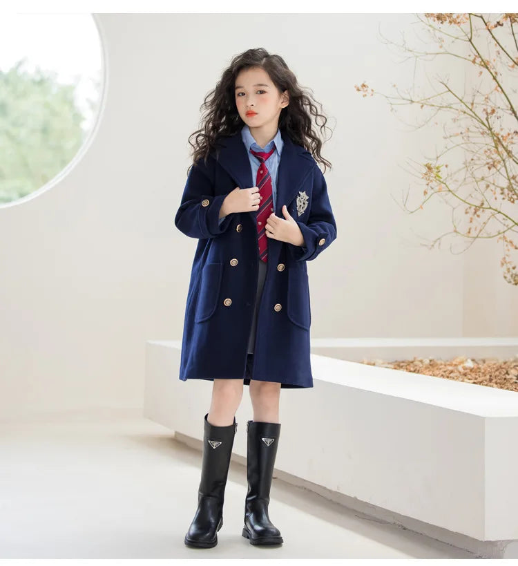 Teens Girls Winter Jacket Preppy Style Navy Mid-length Wool Coat for Kids Thick Warm Casual All-match School Children Outerwear