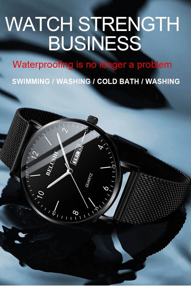 BELUSHI Fashion Wrist Watch New Mens Watches Top Luxury Brand Waterproof Quartz Watch Men Casual Stainless Steel Business Date