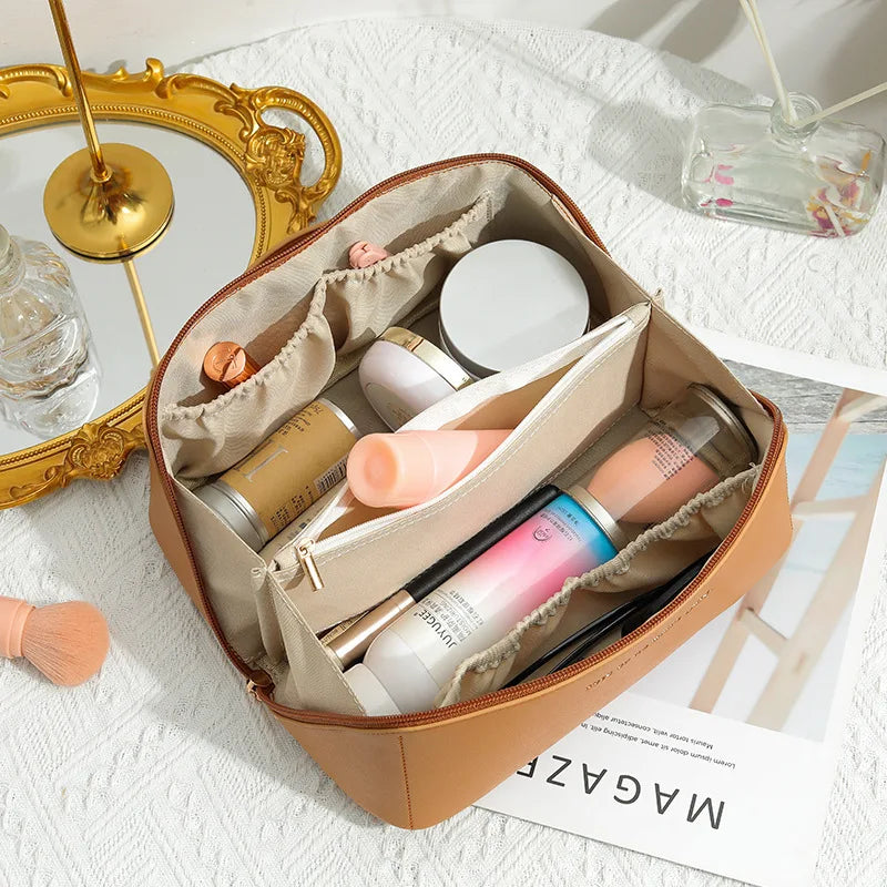 Travel Makeup Bag, Large Capacity Cosmetic Organizer Bags for Women, Waterproof PU Leather Toiletry Bags Wide Open Flat Makeup