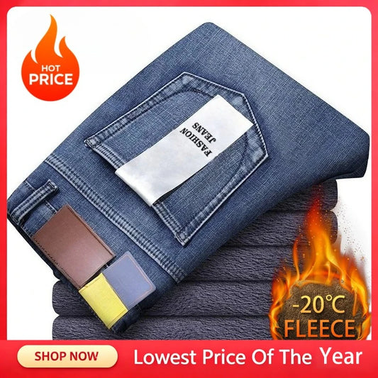 Brand Men Jean Warm Autumn Winter Loose Straight Jeans Male Casual Fleece Lined Thickened Denim Pant Elastic Waist High Trousers