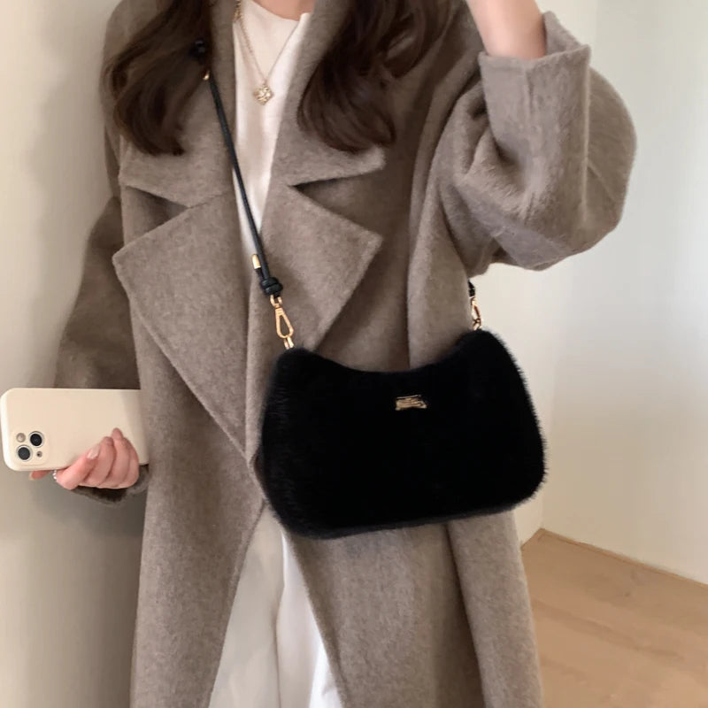 MOODS Soft Plush Crossbody Bags For Women 2025 Winter Warm Latest Luxury Designer Handbags Casual Street Shoulder Hobo Bag Lady