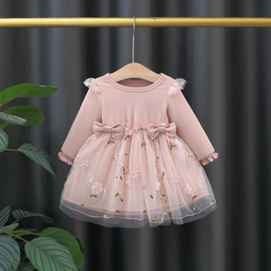 (3 Months -3 Years Old) Autumn And Winter New Pink Baby Girl Princess Dress, Sweet Bow Children'S Long Sleeved Clothes