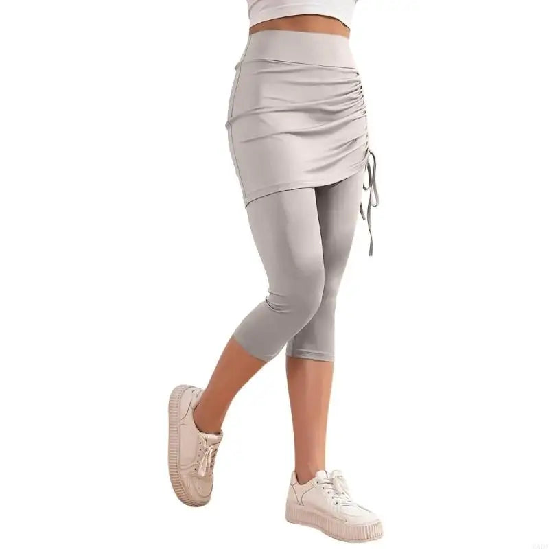 Womens Leggings Tummy High Skirted Leggings Drawstring Side Ruched Fit Workout Bottom 6XDA