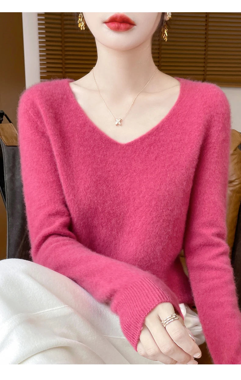 Fashion Pullover 100% Merino Wool Women Sweater V-Neck Long Sleeve Basic Jumper Spring Autumn Winter Clothing Knitwear Tops