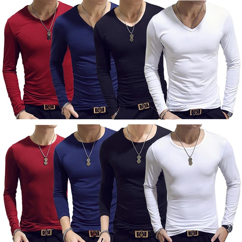 Elastic Mens T-Shirt O-Neck Round Neck Long Sleeve Men T-Shirt For Male Lycra And Cotton T-Shirts Man Clothing