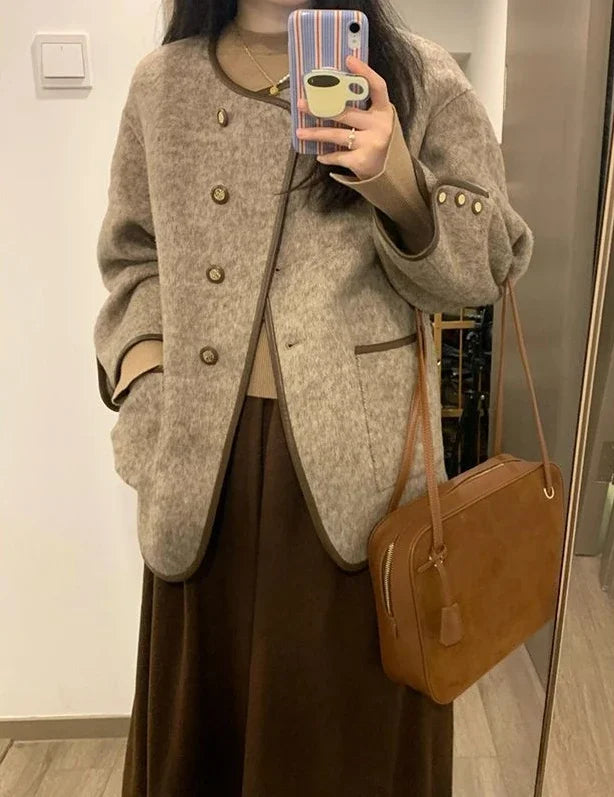 Wool Blend Coat for Women Short Plain Half Long Sleeve Elegant Mixtures Jacket Woman Fashion 2025 Winter Clothes Single Cheap