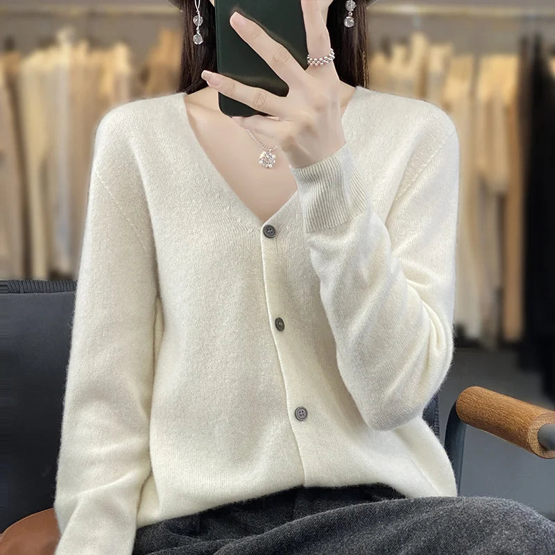 New Fashion Spring Autumn 100% Merino Wool Women's V-neck Cardigan Cashmere Sweater 2024 Female Knitwear Clothing Korean Tops