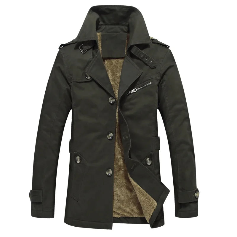 Men's Long-Sleeve Fleece-Lined Jacket, New Winter Style Collared Warm Coat, Available in Black, Blue, Khaki, and Army Green.