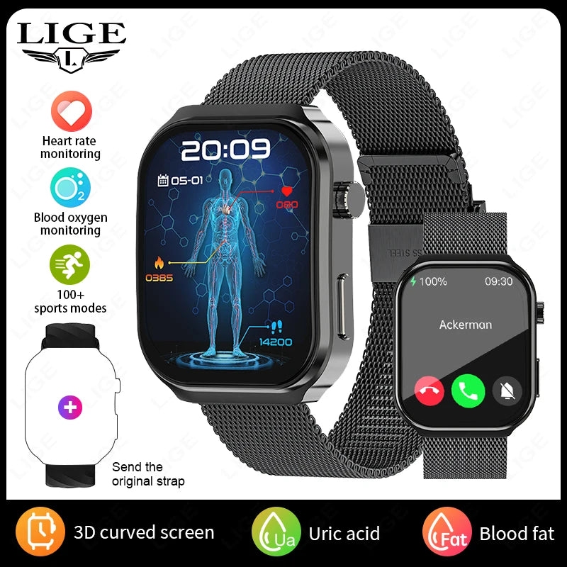 LIGE ECG+PPG AI Medical Diagnosis Health Smartwatch Blood Lipids Uric Acid Smart Watch Men Waterproof Watch Women Bluetooth Call