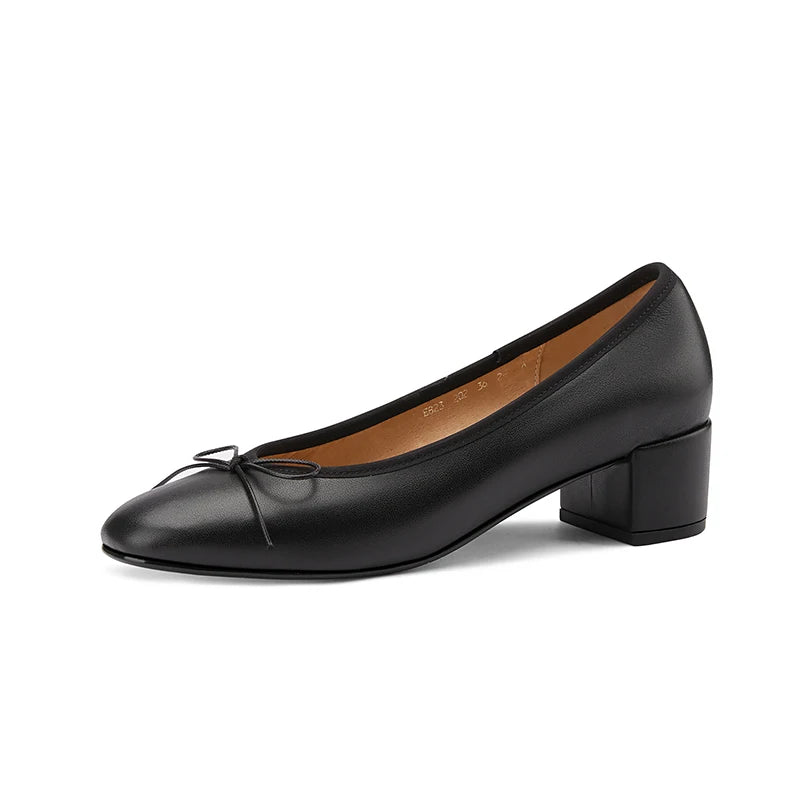 2025 Genuine Leather Women Shoes Fashion Butterfly-knot Spring and Autumn Pumps Slip-On Casual Shoes Chunky Heel Size 34-40