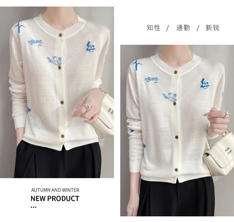 2025 New Merino Worsted Wool Women Sweater Spring Female Knitted Cardigan Long Sleeve Solid Clothing Tops Embroidery Outerwear