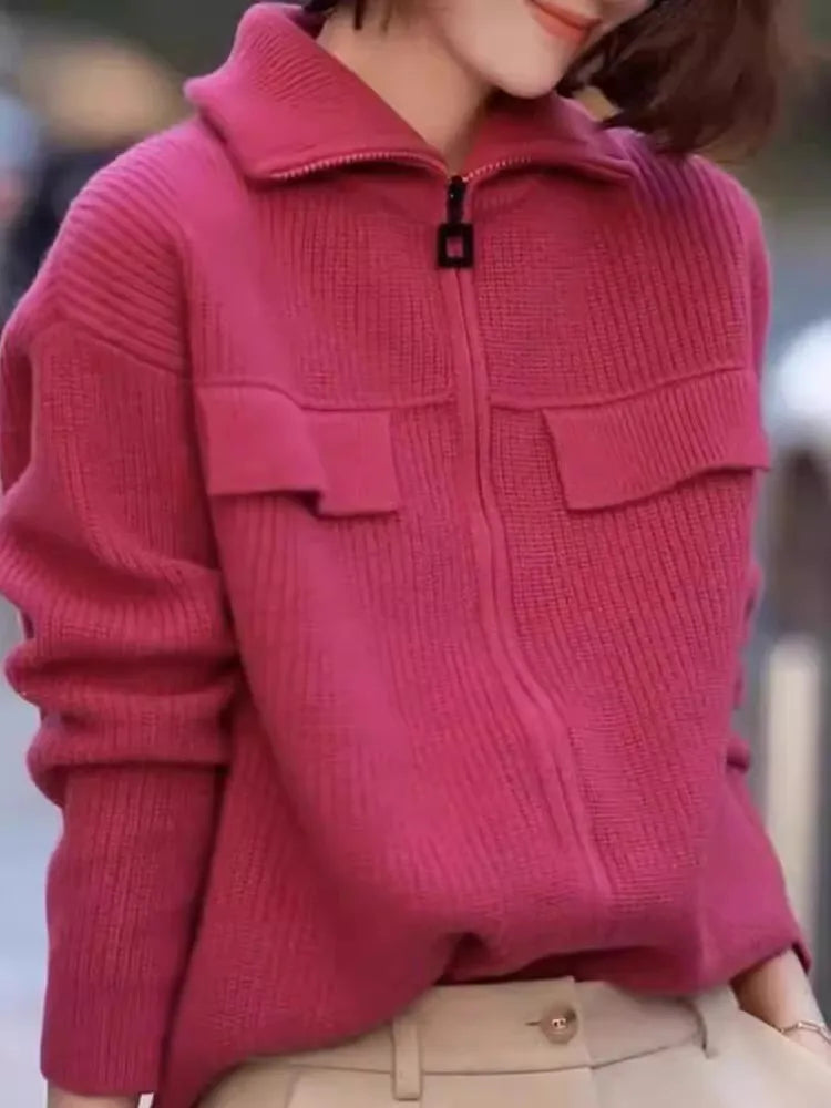 New 100% pure cashmere cardigan in autumn and winter women's POLO collar cashmere rose red coat knitted hooded sweater