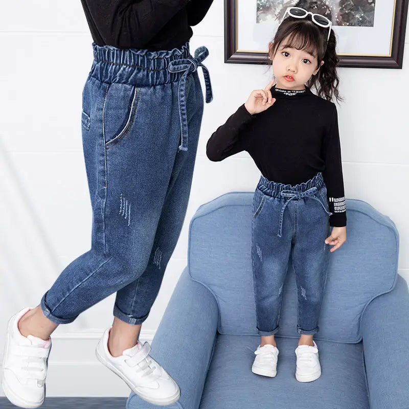 New Teenage Girls Jeans 2026 Spring Autumn Casual Fashion Loose Blue Kids Leg Wide Pants School Children Trousers 3-12Year