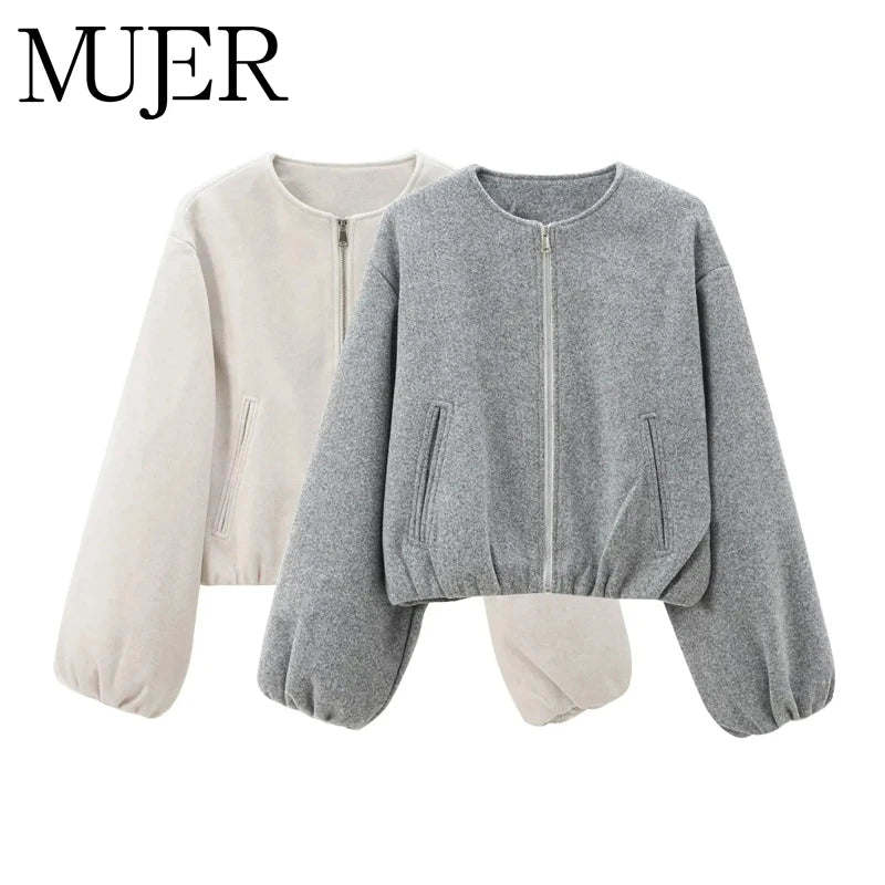 MUJER Fleece Bomber Jackets for Women Soft Zipper Woman's Sports Jacket Casual Cropped Jacket Women Long Sleeve Coats Outerwears