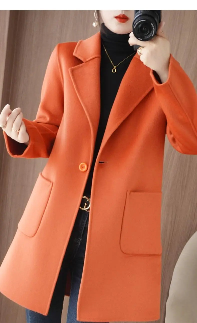 100% Pure Wool Double-Sided Cashmere Jacket Women Overcoat  Autumn Winter New Mid-Length One-Button Slim Wool Windbreakers coat