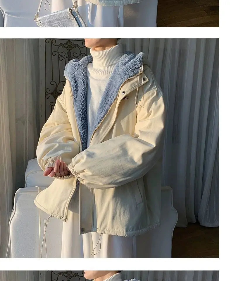 Lamb wool Jacket Women's 2025 Autumn winter New Korean version Loose Workwear Student cotton Jackets Female Hooded Warm Coat
