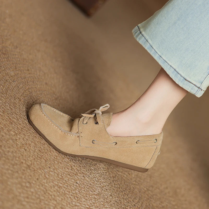 2026 New Spring Genuine Leather Women Shoes Round Toe Women Flats Shoes for Women Retro Lace Up Loafers Fashion Ladies Shoes