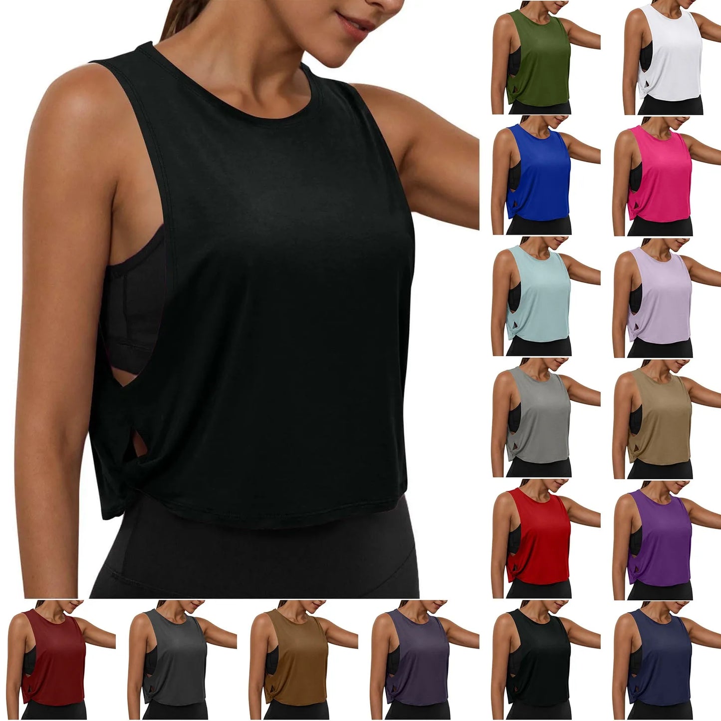 Women Sleeveless Yoga Tops Athletic Vest Breathable Blouse Cover Up Gym Workout Cool T-Shirt Running Short Tank Crop Top