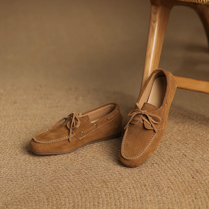 2026 New Spring Genuine Leather Women Shoes Round Toe Women Flats Shoes for Women Retro Lace Up Loafers Fashion Ladies Shoes