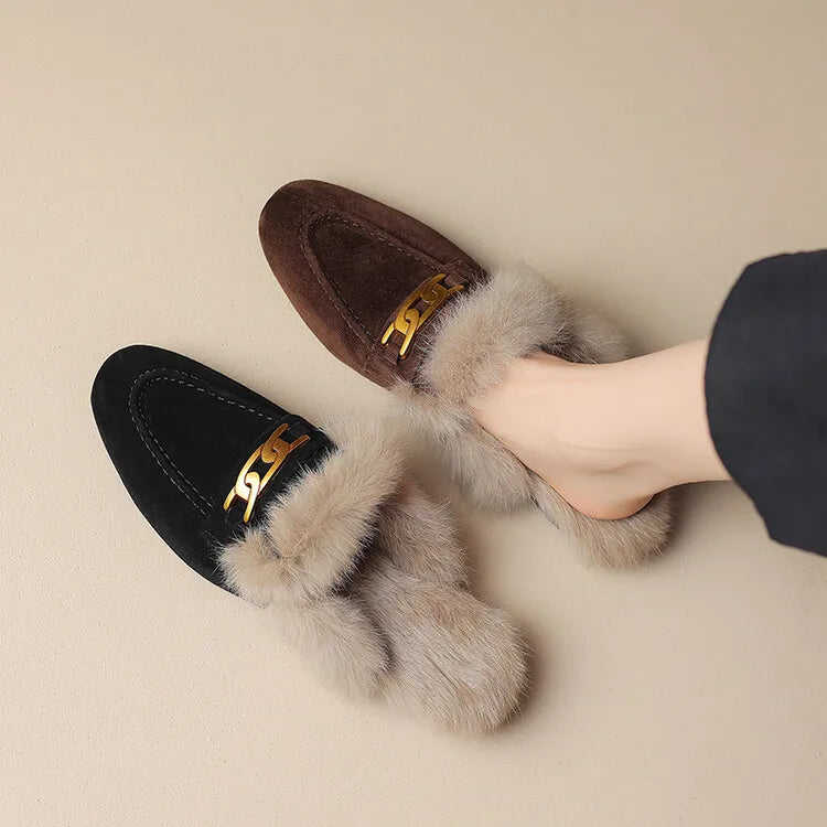 2023 Winter Sheep Suede Women Shoes Rabbit Hair Mules Shoes for Women Round Toe Low Heel Slippers Chunky Heel Cover Toe Slippers