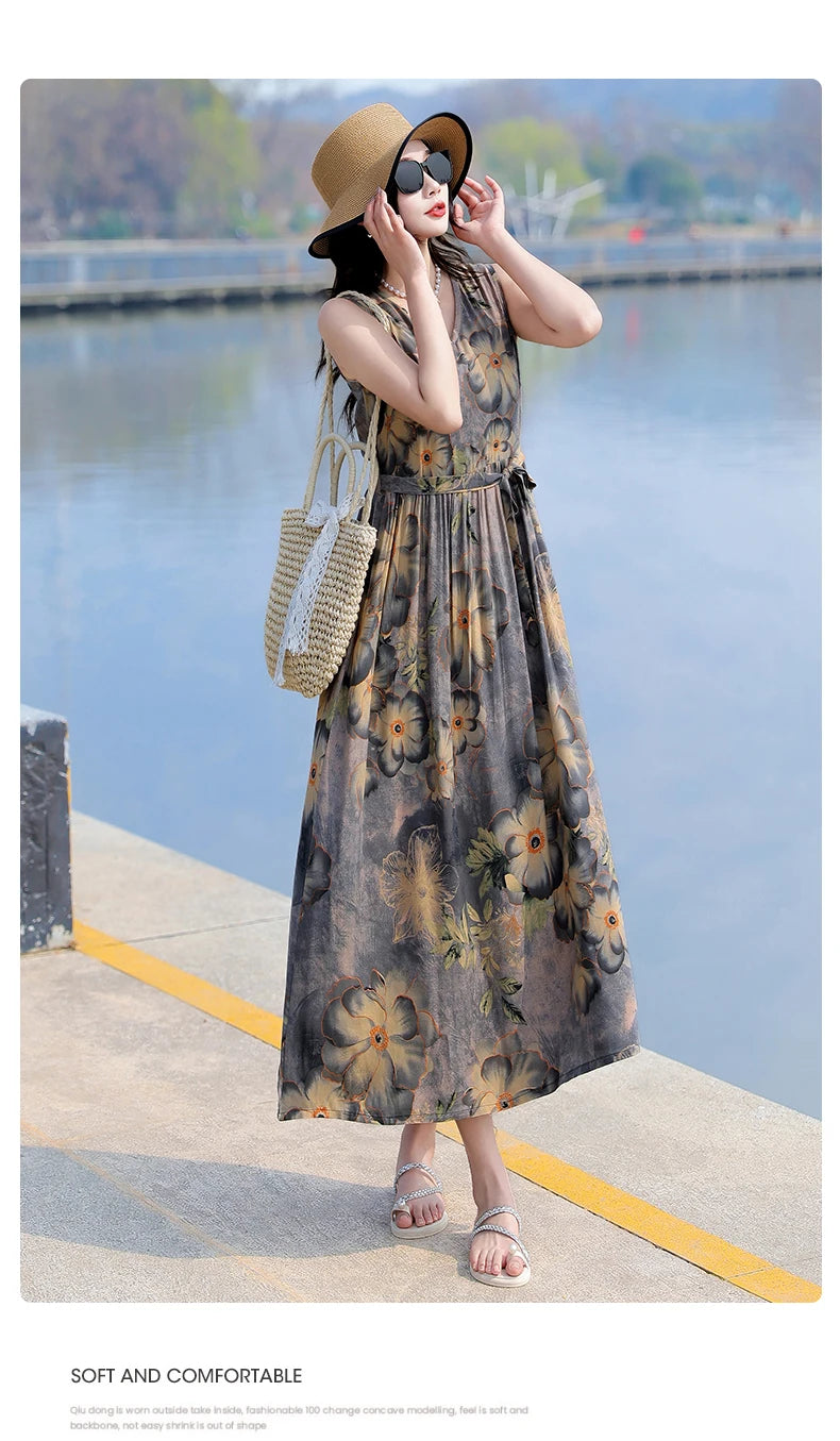 Spring Summer Dresses Fashion Female Sleeveless printed Casual Dress Women A-line Dresses Vestidos