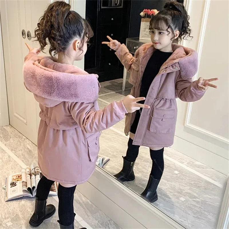 -30° Girls Cotton Coats Winter Plus Velvet Jackets Kids Hooded Outerwear Solid Colour Casual Overcoat Warm Thicken Parkas