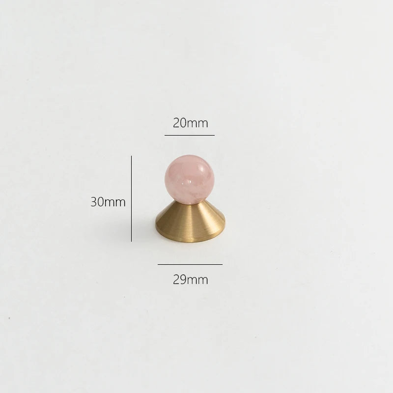 Pink Rose Quartz + Brass Cabinet Pulls,Natural Crystal Ball Knobs for Kitchen Cupboard Dresser Wardrobe, Gold Furniture Hardware