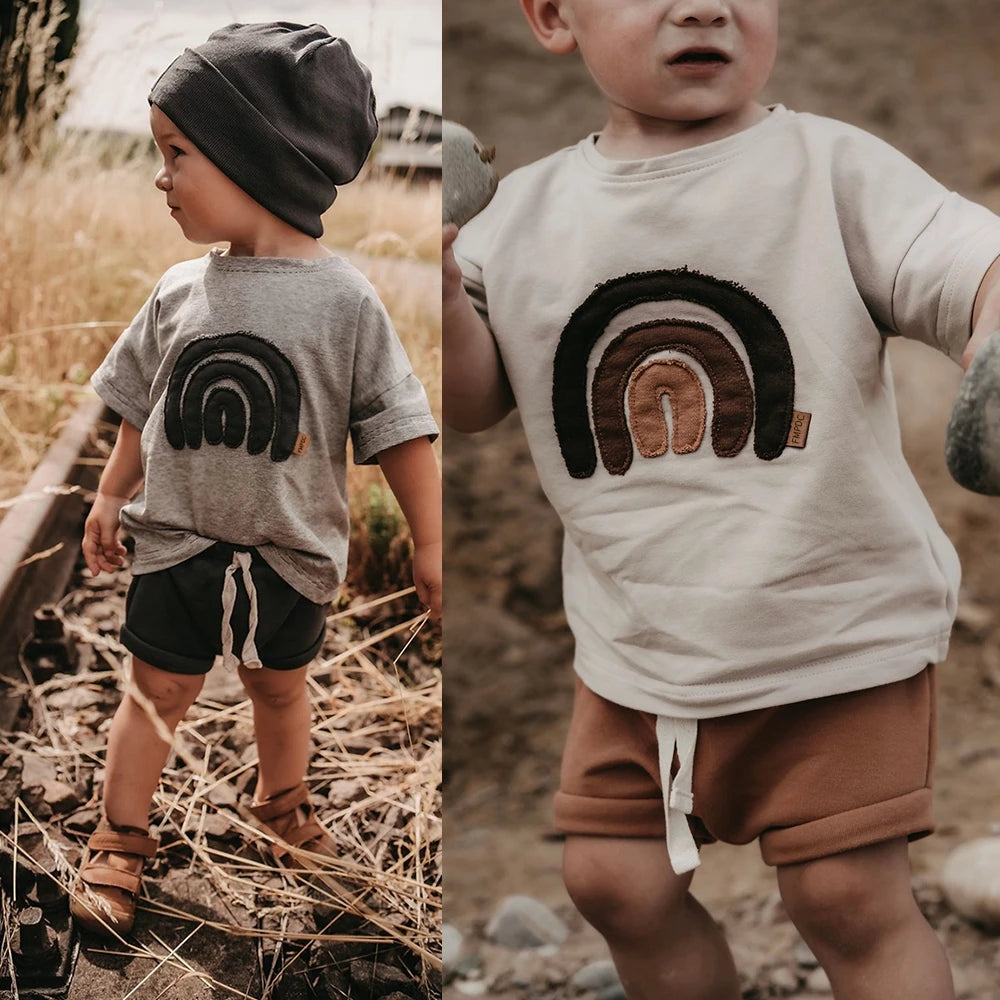2024 Korean New Cute Children's T-shirt Rainbow Sticker Print Newborn T-shirt Summer Top Boys and Girls Round Neck Baby Clothing